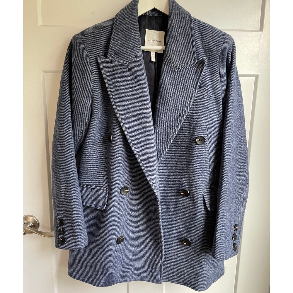 Avec Les Filles Blue Tailored Double Breasted Blazer Coat Tweed Jacket S